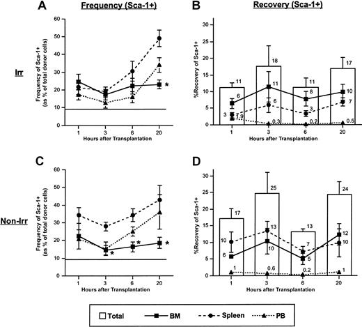 Figure 1. Frequency and recovery of Sca-1+ donor cells in BM, spleen, and PB for times up to 20 hours following transplantation of low-density BM cells in irradiated and nonirradiated recipients. Mice underwent transplantation with 1 × 107 to 1 × 108 LDBM cells, were killed at the indicated time points, and were analyzed for frequency and recovery of donor Sca-1+ cells in BM, spleen, and PB as described in “Materials and methods.” Data in panels A and C are expressed as the mean ± SEM percent of donor cells falling within a light scatter gate including lymphocytes and large granular cells and that express Sca-1. Horizontal lines in panels A and C represent the mean percentage of Sca-1 in the original graft. Using a similar light scatter gate, recoveries of Sca-1+ donor cells were calculated and are shown in panels B and D. Bars in panels B and D represent mean ± SEM recovery of Sca-1+ donor cells (sum of recoveries in BM plus spleen plus PB), and lines represent mean ± SEM recoveries in BM, spleen, or PB. Numbers above each bar represent mean recoveries. n = 6-13 in panel A; n = 4-11 in panel B; n = 4-5 in panel C; n = 3-5 in panel D. *P < .05 when compared with spleen of the same time point. To provide an SEM value for total recovery at each time point, total recoveries were not calculated by adding the means of the recoveries from each tissue but rather by averaging the total recoveries from each individual experiment.