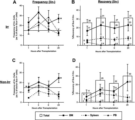 Figure 2. Frequency and recovery of lineage-negative cells among Sca-1+ donor cells in BM, spleen, and PB for times up to 20 hours following transplantation of low-density BM cells in irradiated and nonirradiated recipients. Mice underwent transplantation with 1 × 107 to 1 × 108 LDBM cells, were killed at the indicated time points, and were analyzed for frequency and recovery of donor Sca-1+ lin– cells in BM, spleen, and PB as described in “Materials and methods.” Data in panels A and C are expressed as the mean ± SEM percent of donor Sca-1+ cells falling within a light scatter gate including lymphocytes and large granular cells and that lack lineage expression. Horizontal lines in panels A and C represent the mean percentage of lineage-negative donor Sca-1+ cells in the original graft. Using a similar light scatter gate, recoveries of Sca-1+ lin– donor cells were calculated and are shown in panels B and D. Bars in panels B and D represent mean ± SEM recovery of Sca-1+ lin– donor cells (sum of recoveries in BM plus spleen plus PB), and lines represent mean ± SEM recoveries in BM, spleen, or PB. Numbers above each bar represent mean recoveries. n = 6-12 in panel A; n = 4-11 in panel B; n = 4-5 in panel C; n = 3-5 in panel D. *P < .05 when compared with spleen of the same time point. To provide an SEM value for total recovery at each time point, total recoveries were not calculated by adding the means of the recoveries from each tissue but rather by averaging the total recoveries from each individual experiment.