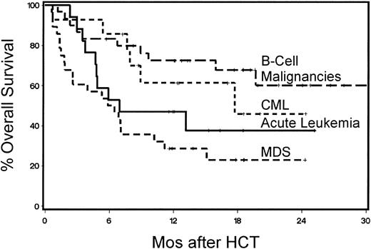 Figure 4. Kaplan-Meier product estimates of survival for patients with B-cell malignancies, chronic myeloid leukemia, acute leukemia, or myelodysplastic/myeloproliferative syndromes.