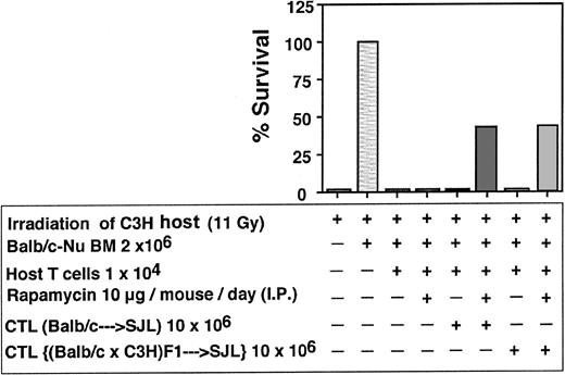 Figure 10. Enhancement of engraftment by anti–third-party CTLs generated from (host x donor) F1 mice compared with enhancement induced by CTLs of donor type.