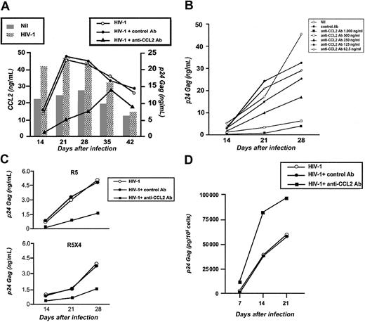 Figure 1. Neutralization of endogenous CCL2 inhibits HIV-1 replication in MDMs by promoting the intracellular accumulation of p24 Gag Ag. (A) MDM cultures were infected with HIV-1BaL (300 TCID50/106 cells) in the presence (▴) or in the absence (○) of a polyclonal anti-CCL2 Ab (2.5 μg/mL). Some cultures were maintained in the continuous presence of a control Ab (•). After 2 hours, cells were washed and maintained in complete medium either in the presence or in the absence of anti-CCL2 or control Ab. At the indicated time points, culture supernatants were collected and tested for p24 Gag Ag and CCL2 content (gray bars indicate uninfected cells; hatched bars, infected cells). Shown is 1 representative experiment of 7 independently performed. (B) Concentration-dependent effect of the Ag affinity-purified polyclonal Ab to CCL2 on HIV-1BaL p24 Gag Ag release. MDMs were infected as described above in the presence of different concentrations of Ab to CCL2, ranging from 62.5 ng/mL to 1000 ng/mL, or control Ab. At the indicated time points, culture supernatants were collected and tested for p24 Gag Ag content. Shown is 1 representative experiment of 2 independently performed. (C) MDMs were infected with primary R5 and R5X4 isolates. At the indicated time points, culture supernatants were collected and tested for p24 Gag Ag release. (D) MDMs were infected with HIV-1BaL. At the indicated time points, cells were harvested and lysed. The cell-associated content of p24 Gag Ag was quantified by ELISA and normalized to 105 cells. The results represent an individual experiment of 3 performed. The intersample SD calculated in all experiments did not exceed 10%. Statistical analysis showed a significant decrease in terms of p24 Gag Ag released in the culture medium (A-C) and a significant increase in terms of intracellular p24 Gag Ag accumulation (D) in HIV-1-infected anti-CCL2-treated cultures with respect to control cultures (P < .05).