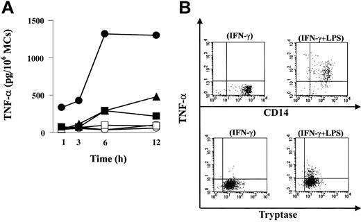 Figure 2. Functional expression of TLR4 on human MCs. (A) TNF-α release from MCs after LPS stimulation or FcϵRI aggregation. Human MCs were precultured with (•) or without (▴) IFN-γ and then exposed to LPS. Control cells were incubated with (○) or without (▵) IFN-γ for 24 hours, but LPS was omitted. Positive control cells were precultured with IgE and then activated with anti-IgE (▪). Control cells were incubated with IgE, but anti-IgE was omitted (□). Cell supernatants were harvested at various times up to 12 hours for ELISA of TNF-α. (B) The source of TNF-α produced by LPS was MCs. MCs were precultured with IFN-γ as described, and monensin was added to the MCs suspension simultaneously with LPS. Cells were incubated with LPS for 6 hours. Double-intracellular staining was performed with antitryptase and anti-TNF-α in human MCs (lower panels) following stimulation with IFN-γ alone (lower left) or IFN-γ LPS (lower right). The dot plots are representative of 7 separate analyses. As a positive control, human monocytes were precultured with IFN-γ and then activated with LPS for 6 hours. Double-intracellular staining with anti-CD14 and antitryptase in monocytes (upper panels) following IFN-γ (upper left) or LPS plus IFN-γ (upper right) was performed.