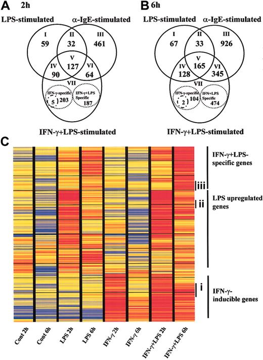 Figure 3. TLR4- or FcϵRI-mediated gene expression profiles in human MCs. Human MCs were precultured with or without IFN-γ and then exposed to LPS for 2 hours (A) and 6 hours (B). Positive control cells were precultured with IgE and then activated with anti-IgE for 2 (A) and 6 hours (B). RNA was collected and used to conduct GeneChip analysis. Each experiment contained 1 or 2 independent donors, and each experiment was repeated using different sets of donors. The data are the average of 2 separate analyses. (A-B) Overlapping sets of LPS-, IFN-γ plus LPS-, and anti-IgE-regulated genes. Numbers in the overlapping region of the Venn diagram represent shared regulated genes. Numbers of LPS-, IFN-γ plus LPS-, or anti-IgE-specific genes are shown inside the stippled circles. Stimulus-specific genes were selected if the ratio of the relative expression level between stimuli was larger than 2.0, or if the data passed a stringent stimulus-specific filter based on the score. See the Supplemental Data Sets link at the top of the article on the Blood website. (C) Representation of mRNA expression levels in control MCs, LPS-stimulated MCs, IFN-γ-treated MCs, and LPS plus IFN-γ-stimulated MCs. One row of colored bars represents one gene, and each column represents one stimulus. Color bars capture the magnitude of the response for each gene, according to the scale shown. Genes are placed in groups corresponding to pair-wise overlaps shown in the accompanying Venn diagrams. From top to bottom: IFN-γ plus LPS-specific genes; LPS-specific genes; and IFN-γ-inducible genes. Ci indiates a set of genes that were up-regulated by pretreatment of IFN-γ following incubation with medium for 2 hours, but it waned during subsequent incubation with medium for 6 h. (Cii) a set of genes that were up-regulated by LPS for 2 hours, but decreased at 6 hours. (Ciii) a set of genes that were at the basal level at 2 hours under all conditions, but up-regulated by LPS at 6 hours in IFN-γ-pretreated cells.
