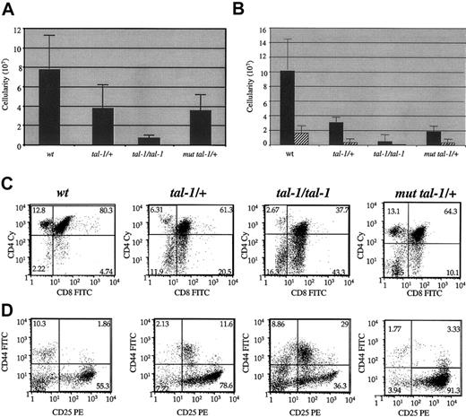 Figure 1. Thymocyte developmental arrest in tal-1/scl and mut tal-1 transgenic mice. (A) Total thymocyte cell numbers from 4-week-old wild-type and tal-1/+, tal-1/tal-1, and mut tal-1/+ transgenic mice. (B) Tal-1 transgenic mice have reduced numbers of DP and CD4+cells. The absolute numbers of DP (▪) and CD4+ (▨) cells in wild-type, tal-1/+, tal-1/tal-1, and mut tal-1/+ 4-week-old mice are plotted. Error bars indicate variability from animal to animal. (C) Tal-1 expression perturbs thymocyte development. Thymocytes from 4-week-old wild-type, tal-1/+, tal-1/tal-1, and mut tal-1/+ transgenic mice were stained with CD4-Cy and CD8-FITC and analyzed by flow cytometry. (D) Tal-1/scl expression in the thymus blocks the progression of cells through the stages of double-negative development. Cells were stained with antibodies for the lineage markers IgM, Ter119, Gr1, Mac1, PanNK, CD3, CD4, and CD8 as well as CD25-PE and CD44-FITC. The staining of lineage-negative cells with CD25-PE and CD44-FITC is shown. Numbers in quadrants represent percent of cells stained with antibodies.