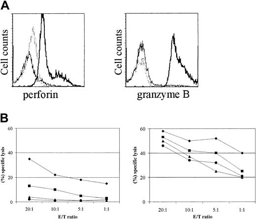 Figure 6. Naive CD8+ T cells acquire cytotoxic properties upon IL-15 stimulation. The purified subsets were stimulated with IL-15 (10 ng/mL) for 7 days. (A) Naive CD8+ T cells were stained intracellular for perforin and granzyme B, followed by FACS analysis. Dotted line indicates control mAbs; thin line, resting; and bold line, IL-15-stimulated cells. (B) Purified CD8+ T-cell subsets were tested in a redirected cytotoxicity assay. Targets (P815 cells) were mixed with CD8+ T cells from UCB (•), peripheral naive CD8+ T cells (▴), cytotoxic CD8+ T cells (CD27-CD45RAbright) (♦), and noncytotoxic CD8+ T cells (CD27+CD45RAdull/neg) (•) in the presence of anti-CD3 mAbs, resting (left panel) or IL-15-stimulated (right panel). Resting and IL-15-stimulated purified subsets did not lyse P815 cells in the absence of CD3 mAbs (data not shown). Data are one representative experiment of 3 performed. E/T ratio indicates effector-to-target ratio.