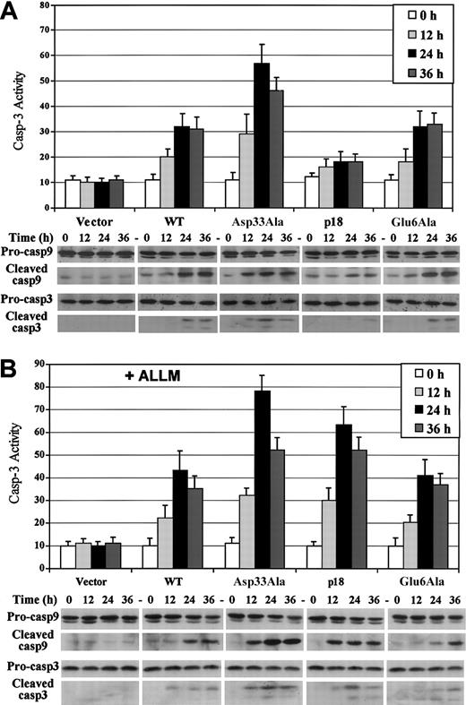 Figure 5. Expression of Asp33Ala or p18 Bax induces increased caspase-9/-3 activation compared with WT or Glu6Ala Bax. Caspase-3 activity assay was performed following inducible Bax expression as described in “Materials and methods.” For caspase-9/-3 cleavage studies, proteins were extracted and subjected to SDS-PAGE and Western blotting with cleaved caspase-9/-3-specific antibodies and full-length procaspase-9/-3-specific antibodies, respectively. (A) Time course caspase-3 activity and caspase-9/-3 cleavage following inducible Bax expression. (B) Caspase-3 activity and caspase-9/-3 cleavage following inducible Bax expression in the presence of 40 μM ALLM. Error bars indicate means ± SD (n = 3).