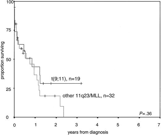 Figure 4. Overall survival of 19 AML with t(9;11) compared with 32 AML with other 11q23/MLL rearrangements.