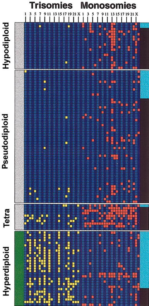 Figure 1. Aneuploidy and IgH translocations. The diagram depicts the relationship between IgH translocations, numerical chromosome abnormalities, and ploidy in the 109 Mayo Clinic patients studied. Each column represents a chromosome trisomy/monosomy as detected by karyotype analysis (chromosomes 1 to 23 and Y from left to right). A trisomy (yellow) is shown if the abnormality was present in the abnormal metaphase irrespective of the number of times present. Likewise, a monosomy (red) is shown if the abnormality was present in the abnormal metaphase irrespective of the number of times present. A black band in the right margin indicates that the patient has an IgH translocation, and a light blue band is indicative of absence of the translocation. The left margin indicates whether the patients belong to the nonhyperdiploid variant MM (gray bar at the left indicates nonhyperdiploid MM) or the hyperdiploid variant MM (green bar at the left indicates hyperdiploid). Note the higher proportion of IgH translocations in the nonhyperdiploid group. Tetra indicates tetraploid.