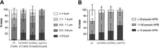 Figure 4. Formation of shorter and fewer pseudo-WPBs following expression of mutant rVWF. HEK293 cells were transiently transfected with WT rVWF or rVWF variants and immunolabeled for VWF 2 days later. (A) The Volocity program was used to determine the length of at least 450 pseudo-WPBs for WT and all 3 mutants following transfection. The graph represents the percentage of pseudo-WPBs in each category (fewer than 0.5 μm, then increasing in 0.3-μm steps to more than 1.4 μm). Minimum and maximum lengths are 0.4 to 3.6 μm for WT rVWF; 0.4 to 2.8 μm for rVWF-Cys1225Gly; 0.4 to 3.4 μm for rVWF-Cys788Arg; and 0.4 to 2.0 μm for rVWF-Arg273Trp. The average length is indicated in parentheses. Each bar represents the mean ± standard deviation of all WPBs from about 30 cells in 4 independent experiments. (B) We counted the number of pseudo-WPBs in 20 randomly chosen cells. The graph represents the percentage of cells in each category (fewer than 10; from 11 to 30; and more than 30 pseudo-WPBs per cell). Each bar represents the mean ± standard deviation of 4 independent experiments.