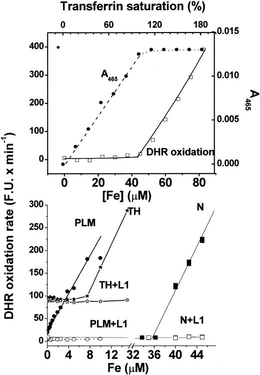 Figure 3. Relationship between DHR oxidation and Fe in transferrin-containing solution, plasmalike medium, and thalassemic serum. Top: A 23-μM human apo-transferrin solution (ϵ278 = 93 000 M-1 cm-1 38) in HBS containing 10 mM Na2CO3 was reacted at room temperature for 20 minutes with Fe (Fe/NTA 1:10) to give final Fe concentrations of 0 to 82.5 μM and tested for formation of Fe-transferrin by absorption at 465 nm (right scale, filled symbols) and for DHR oxidation rate (left scale, fluorescence units/minute, FU × minute-1, open symbols) as described in “Materials and methods.” The concentration of Fe required to reach maximal A465, corresponding to 100% transferrin saturation, was 45 μM (theoretical 46 μM, based on 2 iron-binding sites per transferrin). Bottom: Fe was added as Fe/NTA to a solution of PLM (circles) or a mixture of 5 different TH sera (stars) or normal sera N (squares) supplemented (empty symbols) or not (filled symbols) with 50 μM L1. The estimated transferrin saturation values for the mixed thalassemia sera were 85% and for normal sera 28%. DHR oxidation rates were obtained as described in “Materials and methods.”
