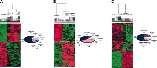 Figure 4. Similar gene expression profiles displayed by different activating signals. Nonvariable common genes among phenotypic classes were determined using a variance test (10% level) in combination with the parametric t test and nonparametric Kruskal-Wallis test (P < .001). Data were visualized using Cluster/Tree View. Stroma 1-3, normal stroma-treated samples; stroma 4-5, MM stroma-treated samples. (A) Genes shared by all 3 treatments when compared to NIL controls; 347 genes were found to be commonly expressed by IL-6, stroma, and N-ras samples and not by NIL controls (left). Functional characterization of these common genes indicates that metabolic genes are the most represented functional group (right). (B) Genes expressed similarly by IL-6 and N-ras samples but different from stroma and NIL samples; 114 genes were shared by IL-6 and N-ras samples but different from stroma and NIL samples (left). Most of these genes encode translation proteins (right). (C) Genes shared by IL-6- and stroma-treated samples but different from NIL and N-ras samples; 169 genes were shared by IL-6- and stroma-treated samples but not by NIL and N-ras samples (left). Most of these were cell cycle genes (right).