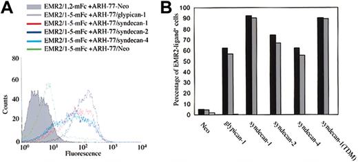 Figure 6. EMR2-CS interaction is PG core protein–independent. (A) FACS analysis of stably transfected ARH-77 cells probed with EMR2 multivalent fluorescent beads. ARH-77 cells expressing an HS-negative syndecan-1 mutant (syndecan-1TDM) show a similar binding activity (data not shown). (B) Enzymatic digestion of GAG side chains show that all cell-surface PGs expressed on stably transfected ARH-77 cells contain a chondoitinase ABC–sensitive ligand for EMR2. Black bars represent cells with no treatment, gray bars represent heparinase I+III treatment, and white bars represent chondoritinase ABC treatment. The figure is a representative of 3 independent experiments with similar results.
