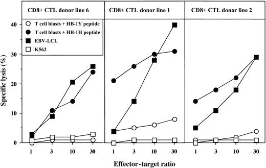 Figure 1. Specific reactivity of 3 HB-1H.B44 peptide-induced autologous CD8+ CTL lines. Cytolytic activity was tested in chromium release assays against autologous PHA-stimulated T-cell blasts either pulsed with 5 μM HB-1H.B44 or HB-1Y.B44 peptide, and autologous EBV-transformed B-cell lines that endogenously express HB-1H. K562 was used to determine aspecific lysis.