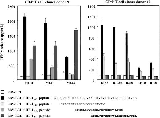Figure 4. Localization of the Th epitopes recognized by the CD4+ T-cell clones generated from the HB-1–specific bulk cultures. Production of IFN-γ by the CD4+ clones was tested on stimulation with autologous EBV-LCLs pulsed with the HB-1 protein or HB-1–derived peptides. Error bars represent 1 SD of triplicates.