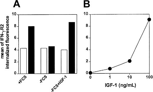 Figure 3. Flow cytometry of IFN-γR2 internalization in malignant T cells. (A) ST4 T cells cultured for 24 hours in the presence or absence of serum, or absence of serum in the presence of IGF-1 (100 ng/mL) were recovered and incubated with biotin-conjugated anti–IFN-γR2 mAb at 4°C(□)or 37°C(▪). After 4 hours, cells were permeabilized and stained with PE-conjugated streptavidin. (B) ST4 T cells, cultured for 24 hours in medium without serum in the absence or in the presence of scalar doses of IGF-1 (from 1 to 100 ng/mL), were incubated with unconjugated anti–IFN-γR2 mAb or with isotype-matched mAb at 37°C. After 4 hours, cells were permeabilized and stained with FITC-conjugated rabbit F(ab′)2 anti–mouse Ig. Mean specific internalized fluorescence was calculated by subtracting the mean internalized fluorescence obtained with specific anti–IFN-γR2 mAb from that obtained with isotype-matched mAb.