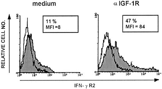 Figure 4. IFN-γR2 expression in PHA-activated T lymphoblasts. Surface expression of IFN-γR2 in 5-day PHA-activated T lymphoblasts evaluated by flow cytometry after 48-hour culture in the presence of complete medium or anti–IGF-1R blocking mAb (10 μg/mL) using anti–IFN-γR2 mAb. The histogram represents the expression of IFN-γR2 (gray histogram) or background of mouse IgG1 as negative control (white histogram) in PHA-activated T lymphoblasts. Shown is 1 representative experiment of 3 independently performed. Results in frame are expressed as percentage of positive cells calculated by subtracting the positivity of nonspecific fluorescence detected with isotype-matched control Ig from that obtained with specific fluorescence, and the mean fluorescence intensity (MFI) is indicated.