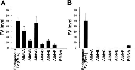 Figure 4. Levels of Fv transgene expression. The level of Fv expression observed in the plasma (A) and platelet (B) pools of the transgenic Fv-null rescued mice (Tg+Fv–/–) are shown here for all 6 albumin Fv BAC lines and one Pf4 Fv BAC line. The FV level observed in platelets or plasma of a control Fv+/– mouse, corresponding to one endogenous copy of the normal Fv gene, is arbitrarily defined as 50%. SEs are indicated.