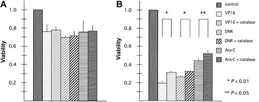 Figure 5. Antioxidant treatment inhibits BACH2 promotion of chemotherapy-induced cell death. Control (pDL2; panel A) and BACH2-overexpressing (no. 67; panel B) RAJI clones were seeded (1 × 105/mL) in 96-well plates 1 day before the experiments. Cells were treated with catalase 50 U/mL for 1 hour. Then 2 μg/mL VP16, 0.2 μg/mL DNR, or 0.1 μg/mL Ara-C was added to the suspension, and the cells were incubated at 37°C in 5% CO2 for 40 hours. After incubation, MTT (5 mg/mL, 10 μL/well) was added to each well, and the absorbance was measured. A statistically significant difference in cell viability was observed (*P < .01 or **P < .05). The results are representative of 3 separate experiments. Error bars represent standard deviation.