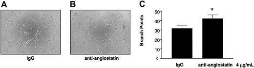Figure 8. Potentiation of angiogenesis by inhibition of platelet-derived angiostatin. The release of angiostatin was stimulated with 0.1 U/mL thrombin. (A-B) Microscopy of representative experiments. (C) The statistical analysis. Bars are means ± SE from 6 experiments. *P < .05 control versus treatment. Original magnification of A and B, × 100.