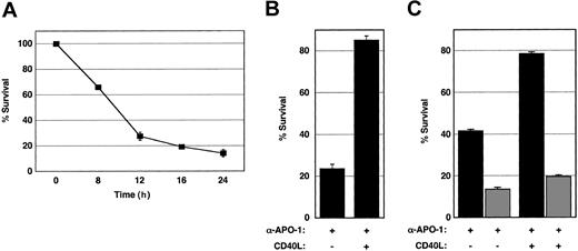 Figure 1. CD40-mediated protection of BJAB cells against Fas-induced killing requires NF-κB. PI nuclear staining of BJAB cells (A) stimulated with anti–APO-1 for the times indicated or (B) for 21 hours in the presence (+) or absence (–) of sCD40L treatment. (C) PI nuclear staining of BJAB cells transduced with MIGR1-IκBαM (▦) or empty MIGR1 (▪) as shown and treated for 21 hours with anti–APO-1, with (+) or without (–) sCD40L as in (B). Cells were sorted by FCM prior to stimulation and were > 95% GFP+. (A-C) Values express percent viability relative to untreated cultures and represent the mean ± standard deviation of 3 independent experiments.