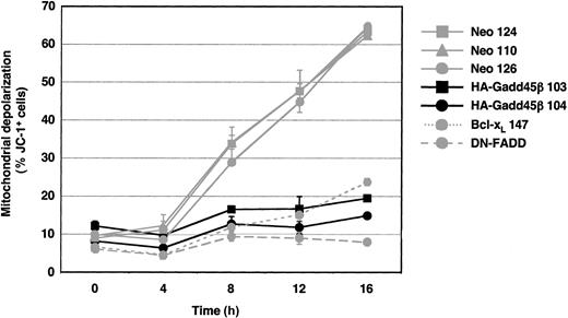 Figure 6. Gadd45β abrogates Fas-induced mitochondrial depolarization. Shown are percentages of JC-1+ cells in Neo, HA-Gadd45β, Bcl-xL, and DN-FADD clones left untreated or treated with anti–APO-1 for the times indicated. Positivity was scored based on the combined increase in FL-1 fluorescence and decrease in FL-2 fluorescence. Values represent the mean ± standard deviation of 3 independent experiments.