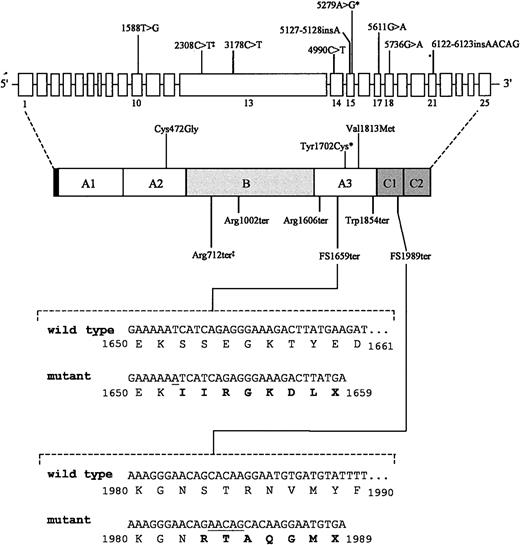 Figure 2. Mutations responsible for FV deficiency identified in the analyzed patients. (A) Position of the identified mutations on FV gene and protein. In the schematic representation of F5, exons are represented by boxes, introns are drawn (not to scale) as lines, and mutations are named on the basis of the DNA alteration involved (numbering according to Jenny et al34). In the lower part of the panel, FV protein is shown with its domain structure. Mutations are named on the basis of the predicted effects at the amino acid level (numbering refers to the mature protein); * and ‡ mark previously reported mutations.20,32,33 (B) Predicted effects of the 2 frameshift mutations. The 5127-5128insA mutation introduces a frameshift with an aberrant sequence of 7 amino acids (bolded) followed by a PTC at codon 1659 of the mature protein. The 6122-6123insAACAG mutation results in a frameshift with an aberrant sequence of 6 amino acids and a PTC at position 1989. For both mutations, the inserted nucleotides are underlined.
