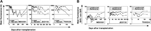 Figure 2. Improved fluorescence intensity from SAR-containing vectors. (A) MFI in peripheral blood leukocytes (PBLs) over time after transplantation. Fluorescence from cells transduced with SAR-containing vectors is shown in solid symbols, non–SAR-containing vectors in open symbols. (B) To calculate ratios of MFI in SAR over non–SAR-containing vector transduced cells we used mean fluorescence intensity (MFI) from forward and right-angle light scatter–gated granulocyte (circles) and lymphocyte (triangles) subsets using CELLQuest v3.1 (Becton Dickinson, San Jose, CA) as previously described. 3 A ratio of 1 implies equal fluorescence intensity between SAR versus non-SAR vectors. A ratio of 10 denotes fluorescence 10 times brighter in cells transduced with the SAR-containing vector. Animal designations are noted.