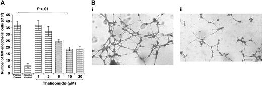 Figure 8. Effect of thalidomide on proliferation of ECs and capillarogenesis assay. (A) Effect of thalidomide on the proliferation of ECs from 18 patients. Cells (2 × 103) were incubated on days 0, 2, 4, and 6 in the complete medium (positive control), the starvation (FCS-free) medium (negative control), and in the positive control medium containing each thalidomide dose. Cells were counted on day 8. Significance determined by Wilcoxon rank test. Data shown are mean ± one SD. (B) Capillarogenesis assay on matrigel of one patient's ECs. Cells (2 × 105) were plated on matrigel and grown for 8 hours in the complete medium alone (i) or containing 10 μM thalidomide (ii). The medium gave cells arranged in branching, reciprocally anastomosing tubes forming a closely knit capillary-like plexus. The culture has area percentage of 26.2, length of 6814, branching of 41, and mesh of 35. Disaggregation of the plexus paralleled the exposure to thalidomide: area percentage of 15.5, length of 3250, branching of 25, and mesh of 8. Bar = 70 μm.