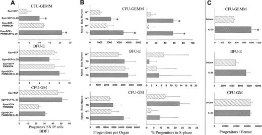 Figure 2. IL-20 specifically increases numbers and cell-cycling status of mouse multipotential progenitors in vitro and in vivo. (A) IL-20 increases mouse CFU-GEMM but not CFU-GM or BFU-E in vitro. Bone marrow cells (5 × 104) from BDF-1 or C3H/HeJ mice were cultured in methycellulose medium with hemin, 1 U/mL EPO, and 50 ng/mL SCF with or without IL-20. 5% vol/vol pokeweed mitogen mouse spleen cell-conditioned medium (PWMSCM) was added to some cultures. Values represent mean ± SD of 3 triplicates. *P < .05 compared with respective controls without IL-20. (B) IL-20 TG mice had significant increases in numbers and cycling rates of CFU-GEMM, but not BFU-E or CFU-GM, in bone marrow and spleens. Data show the results (mean ± SD) of 19 to 20 animals/group. Each mouse was evaluated separately. Left panels show absolute numbers of myeloid progenitor cells per femur or spleen. Right panels show percentage of myeloid progenitor cells in S-phase. *P < .03 compared with littermate controls. (C) Administration of IL-20 to normal mice increased multipotential progenitors. The IL-20 group received 5 μg IL-20 per animal twice daily for 10 days. Control vehicle groups received a similar number of PBS injections. Data represent means ± SD for 10 animals per group. Each mouse was evaluated separately. *P < .02 compared with littermate controls.