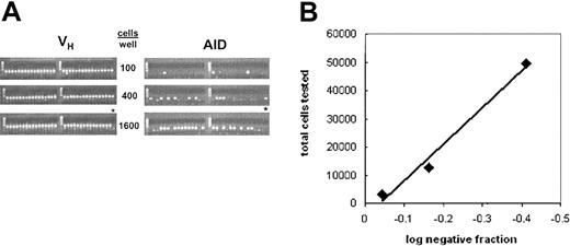 Figure 4. AID expression is limited to a fraction of the B-CLL clone. (A) A representative (CLL 266) limiting dilution experiment is shown. Each gel lane contains the PCR product derived from a well containing the indicated number of cells. The PCR used primers specific for (left panel) the VH gene of the clone or (right panel) AID. Thirty-two wells were tested at each dilution. The last lane at the highest cell density (*) did not contain reverse transcriptase. The anticipated size of the VH band was approximately 360 bp and approximately 310 bp for AID. (B) Representative analysis of the data generated by the limiting dilution experiments. The fraction of AID+ aliquots at each dilution was plotted on a log scale versus the total number of cells assayed at each dilution. The interpolated dilution at which 67% of the tested aliquots are positive is approximately equal to the reciprocal frequency of positive cells in the sample.