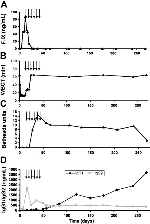 Figure 7. Coagulation testing and antibody studies in dog E35. (A) Canine F.IX antigen levels as a function of time after injection. F.IX level peaked 2 weeks after injection and rapidly declined to undetectable. Arrows denote time points at which cyclophosphamide was administered. (B) WBCT as a function of time after injection. The WBCT fell into the normal range by day 6 and began to prolong again by day 15. By day 23 it had returned to the baseline of more than 60 minutes. (C) Bethesda titer as a function of time. An inhibitory antibody of 8.2 BU was first detected at day 27, and persisted for the remainder of the animal's lifespan. (D) Anti–F.IX antibody measured by subclass as a function of time. IgG2 was first detected at high levels (2225 ng/mL) on day 15 after vector injection, prior to appearance of inhibitory antibody or to infusion of canine plasma. IgG1 rose gradually beginning about 35 days after vector injection and continued to rise throughout the course of the experiment.