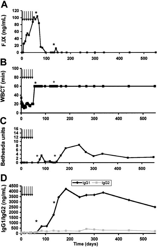 Figure 8. Coagulation testing and antibody studies in dog E57. (A) Canine F.IX antigen levels as a function of time after injection. Arrows denote time points at which cyclophosphamide was administered; asterisks denote infusions of canine plasma. F.IX level peaked 55 days after injection and fell rapidly after cyclophosphamide was discontinued. (B) WBCT as a function of time after injection. The WBCT fell to the normal range about 1 week after vector injection. Levels remained reduced into or near the normal range until approximately day 70 when they were again prolonged. (C) Bethesda titer as a function of time after injection. Bethesda titer was undetectable until day 77. The titer was initially low but subsequently rose to approximately 8 BU. (D) Anti–F.IX antibody subclasses as a function of time. Both subclasses remain at baseline through the duration of cyclophosphamide therapy, but IgG1 rises rapidly, and IgG2 more slowly, after cyclophosphamide discontinuation.