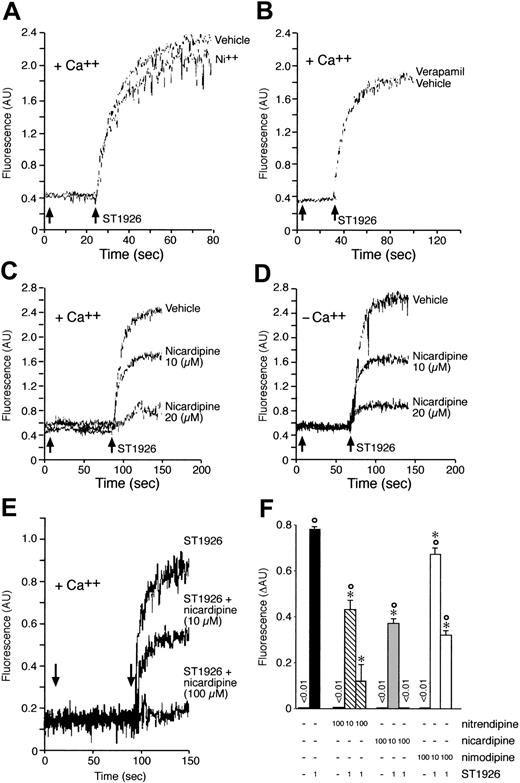 Figure 9. Effect of ST1926, nicardipine, and the combination of the 2 agrents on the levels of intracellular calcium in NB4 cells incubated in the presence or absence of calcium in the medium. Following prelodaing with the calcium fluorescent indicator FURA-2, NB4 cells (1 × 106/mL) were resuspended in calcium-containing (+Ca++) or calcium-free (-Ca++) PBS. Cells were placed in a cuvette under stirring at 37°C and changes in fluorescence were measured continuously with the use of a spectrophotofluorometer. NB4 cells were preincubated with 5 mM nickel chloride (Ni++; A); 100 μM verapamil (B); the indicated concentrations of nicardipine (C-E); or nitrendipine, nicardipine, and nimodipine (F) prior to addition of ST1926 at the concentration of 1 μM. The left arrow indicates the addition of Ni++, verapamil, or nicardipine, whereas the right arrow indicates the addition of ST1926. Each tracing is representative of at least 2 independent experiments run in triplicate. In panel F, the results are expressed as the mean ± SD of 3 replicate cultures. °Significantly higher than the vehicle-treated group (P < .01 according to the Student t test). *Significantly lower than the ST1926-treated group (P < .01 according to the Student t test).