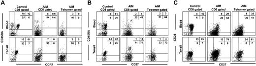 Figure 2. Phenotypic analysis of blood and tonsil CD8+ T cells from control and AIM patients. Expression of (A) CD45RA and CCR7, (B) CD45RA and CD27, and (C) CD27 and CD28 was investigated on CD8+ T cells from paired samples of control and AIM blood and tonsil samples. Paired blood and tonsil samples from AIM patients were investigated for the expression of the same markers in total CD8+ T cells (middle panels) or tetramer-gated, antigen-specific CD8+ T cells (right panels). Representative results from 1 of at least 3 separate paired blood and tonsil specimens are shown. Percentages of gated cells in each quadrant are shown as an inset in each panel.