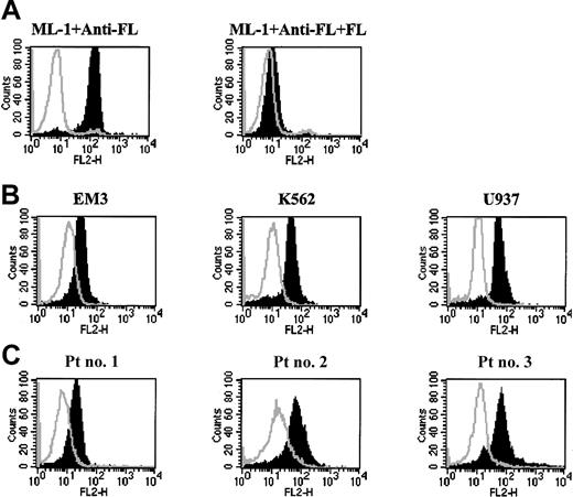 Figure 4. FL protein is expressed by human leukemia/lymphoma cell lines and primary AML blasts. Cells (1 × 106) were fixed, permeabilized, and stained with either anti-FL or isotype control antibody followed by staining with PE-conjugated secondary antibody. The stained cells were then analyzed by flow cytometry. The open histogram represents staining with isotype control. The shaded histogram represents staining with anti-FL antibody. (A) Left panel shows the expression of FL in the ML-1 cell line. Right panel shows the results of staining the same cells with anti-FL antibody that had been preincubated with FL for 16 hours. (B) FL expression by several leukemia cell lines. (C) FL expression by several primary AML samples.