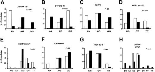 Figure 2. Genotype frequencies by race. Using the set of patients evaluable at day 29 (n = 102; 77 whites and 25 blacks), the distribution of the indicated genotypes in whites (□) and blacks (▪) is compared.