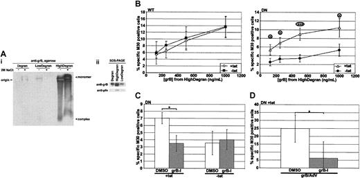 Figure 5. Serglycin-bound grB is taken up predominantly by a dynamin-dependent mechanism. hCTLs were induced to degranulate over immobilized anti-CD3 mAb, and the supernatant was collected and fractionated over a 100-kDa cut-off centrifugal filter. HeLa-DynWT or DN cells were treated to suppress (+tet) or induce (–tet) overexpression from the transfected dynamin cDNA and then incubated for 3 hours at 37° C with the high-molecular-weight fraction of degranulate material (HighDegran). Caspase activation was quantified by labeling with M30 mAb followed by flow cytometry. (A) Equivalent volumes of hCTL degranulate (Degran), low-molecular-weight degranulate fraction (LowDegran), and HighDegran were resolved on a gel prior to immunoblotting. (Ai) Samples, preincubated ± 2 M sodium chloride, were resolved on a 1% agarose gel in TBE, pH 7.4, and the blot was probed for grB. (Aii) Samples were resolved by SDS-PAGE, and the blot was probed for grB or pfn. (B) Cells were treated with various concentrations of HighDegran measured in nanograms per milliliter equivalents of grB activity. (C) HeLa-DynDN cells were treated with HighDegran (500 ng/mL grB activity) that had been pretreated with DMSO or grB-specific inhibitor (grB-I; 20 μM). (D) HeLa-DynDN +tet cells were treated with purified grB (500 ng/mL) pretreated with DMSO or grB-specific inhibitor (grB-I; 20 μM), along with AdV (500 pfu per cell). The mean ± SD of 5 (panel B, WT), 6 (panel B, DN), or 3 (C-D) independent experiments is shown (*.01 < P < .05; ***P < .001).