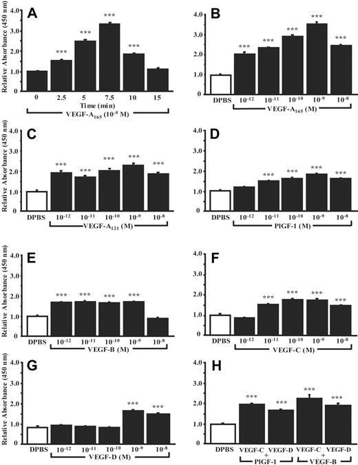 Figure 2. VEGF analogs induce P-selectin cell surface expression in HUVECs. P-selectin translocation was quantified by cell surface ELISA. DPBS was used as negative control and the basal levels of cell surface P-selectin were normalized to 1. The translocation of P-selectin induced by VEGF-A165 (10–9 M) was determined as a function of the time (0-15 minutes; A) and at various concentrations (10–12-10–8 M) in cells treated for 7.5 minutes (B). Translocation of P-selectin induced by VEGF analogs was assessed at various concentrations (10–12-10–8 M) in cells treated for 7.5 minutes (C-G). The combination of VEGFR-1 and VEGFR-2 agonists (10–9 M; 7.5 minutes) on P-selectin translocation was assessed (H). In each experiment, a group of cells was treated with normal rabbit IgG to evaluate the nonspecific binding, which was subtracted from the values obtained on stimulation with agonists. Data are means ± SEM of at least 12 experiments; ***P ≤ .001 as compared to DPBS.