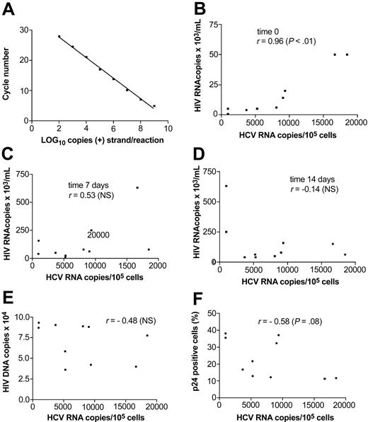 Figure 4. Correlation between quantitative parameters of HIV and HCV infection in macrophage cultures. (A) Amplification of synthetic HIV RNA template with real-time quantitative RT-PCR: the assay detected 100 template copies and remained linear up to 109 template copies. (B-D) Relationship between HCV RNA cellular load at 2 weeks and HIV RNA quantity in culture supernatant at time 0 (B; right before exposure to HCV), 7 days (C), and 14 days (D) after HCV exposure. There was significant correlation (r = 0.96; P < .01) for HCV RNA and HIV RNA quantity at time 0. (E) Relationship between quantity of HCV RNA and proviral HIV DNA in cells at 2 weeks. (F) Relationship between the quantity of HCV RNA in cells and the percent of cells expressing p24 at 2 weeks. All correlations were calculated by nonparametric Spearman rank test.