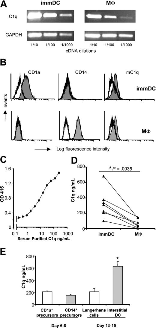 Figure 1. Analysis of C1q production in monocyteand CD34+-derived DCs and macrophages. Day-7 immDCs and macrophages were lysed for mRNA extraction (A) or analyzed using FACS (B). For RT-PCR analysis, specific primers for the C1q A chain were used. While histograms indicate isotype control. (C) Detection of C1q purified from serum using a sandwich ELISA. (D) Day-7 macrophages and immDCs were generated from the same monocyte population of 7 independent donors, and C1q production was analyzed in duplicate in 48-hour culture supernatants. Each line represents the mean C1q production in the 2 cell types of 1 donor. The difference between macrophages and DCs was statistically significant (P = .0035, paired Student t test). (E) Freshly isolated CD34+ cord blood hematopoietic progenitors were cultured for 6 days and then FACS-sorted into CD1a+CD14– and CD1a–CD14+ cells. Sorted cells were then cultured independently for 48 hours. Supernatants were collected (day 8) and used in C1q-specific ELISA. Alternatively, sorted cells were cultured until day 13. At day 13, cells were harvested and then cultured for 48 hours. Supernatants were collected (day 15) and used in C1q-specific ELISA. Results are shown as mean ± SD of an experiment performed in triplicate. Similar results were obtained in 2 different donors. *P < .0001 compared with Langerhans cells; 2-way ANOVA of 2 experiments.