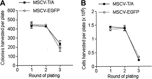 Figure 3. TEL-AML1 does not affect development of myeloid cells in vitro. HPCs were grown in conditions promoting the development of myeloid cells in colony forming serial replating assays. The number of colonies (A) and the total number of cells (B) produced by MSCV-T/A (▪) and MSCV-EGFP (○) transduced HPCs in each round of plating is shown. Plots show means and SDs of duplicate cultures. The data are representative of 3 independent experiments.