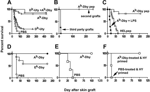 Figure 1. Induction of transplantation tolerance to syngeneic male skin grafts by HY peptides. (A) Intranasal administration of HYAbDby alone or with HYDbUty peptide induces indefinite survival of syngeneic male skin grafts. Survival of syngeneic male skin grafts placed 10 days after intranasal pretreatment of B6 females with 3 × 100 μg HY peptide: HYAbDby (n = 25; ○), HYDbUty (n = 38; ▵), both peptides (n = 7; ⋄), PBS control (n = 10; □). Significant differences from PBS control: P < .0001 for the HYAbDby and HYAbDby plus HYDbUty groups, P = .0059 for the HYDbUty group. Data pooled from 3 experiments. (B) Tolerance induced by intranasal peptide treatment is transplantation antigen specific. Survival times of each of 2 secondary skin grafts placed on HYAbDby peptide–pretreated B6 mice retaining primary syngeneic male skin grafts more than 270 days (n = 14): syngeneic male graft (○), (B6/EiJ×C3H.SW)F1 graft (•; P > .0001). Data pooled from 2 experiments. (C) Administration of 3 μg HYAbDby peptide can tolerize, whereas HEL peptide has no effect and LPS abrogates tolerance. Survival times of syngeneic male skin grafts on B6 females given intranasally 3 × 3 μgHYAbDby (n = 21; ○), 3 × 100 μg HEL peptide (n = 16; □) or 3 × 100 μg HYAbDby peptide plus 3 μg LPS (n = 7; ▪). Significant difference of HEL peptide from HYAbDby control is P > .001. (D) Induction of tolerance in (B6×CBA)1 females. Survival times of syngeneic male skin grafts on (B6×CBA)F1 females following pretreatment with PBS (n = 7; ○), HYEkDby (n = 7; ⋄) or HYAbDby (n = 7; •) peptides (3 × 100 μg). (E) Role of IL-10. Survival times of syngeneic male skin grafts on B6.IL10–/– mice given intranasally 3 × 100 μg HYAbDby peptide (n = 6; ○) or PBS (n = 3; □). P = .0018. (F) Effect of male hematopoietic cell grafting on subsequent male skin grafts. Survival times of syngeneic male skin grafts on B6 mice pretreated intranasally with 3 × 100 μgHYAbDby peptide (n = 8; ○) or PBS (n = 8; □) followed by challenge at day 10 with male spleen cells, and grafting with male skin 60 days later; P = .0001.