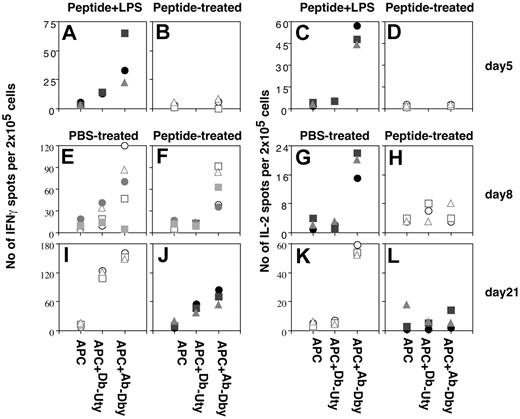 Figure 3. Ex vivo cytokine responses following intranasal peptide, before and after skin grafting. HYAbDby peptide and peptide plus LPS intranasally treated mice at day 5. Three mice from each group of mice, given 3 × 100 μg HYAbDby with (A,C) or without (B,D) 3 μg LPS were killed and cervical lymph nodes taken for ELISPOT analysis. Panels A and B show the IFN-γ response in the presence of irradiated female splenocytes alone or pulsed with HYDbUty or HYAbDby peptide; panels C and D show the IL-2 response. PBS- and HYAbDby peptide–pretreated mice 8 and 21 days after skin grafting. Two groups of B6 females (8 mice/group) pretreated with 3 × 100 μg HYAbDby peptide or PBS intranasally were given grafts with syngeneic male skin 10 days later. Recipients were killed 8 (5 mice per group) and 21 (3 mice per group) days later, and cell suspensions from graft-draining lymph nodes, from PBS-treated (E,G,I,K) and peptide-treated mice (F,H,J,L), were tested by ELISPOT assay for IFN-γ (E,F,I,J) and IL-2 (G,H,K,L) production in response to irradiated female splenocytes alone or pulsed with HYDbUty or HYAbDby peptide. Results are expressed as spots/2 × 105 cells. Each symbol represents an individual mouse.