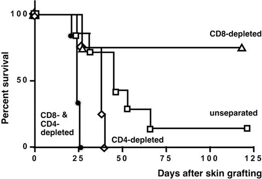 Figure 6. Adoptive transfer of tolerance with splenocyte subpopulations. Survival times of syngeneic male skin grafts on B6 females injected intraperitoneally as neonates with 5 × 106 splenic cells from tolerant donors: either unseparated (n = 7; □), CD8 depleted (n = 4; ▵), CD4 depleted (n = 4; ⋄), or depleted of both cell subsets (n = 6; •).