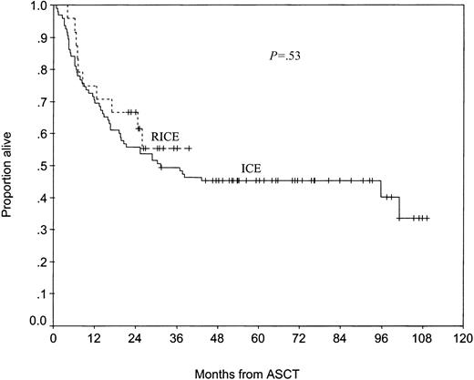 Figure 2. Overall survival of RICE- and ICE-treated patients who underwent autologous transplantation.