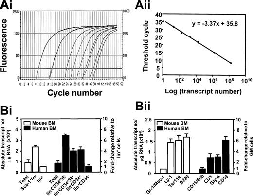 Figure 2. Measurement of absolute numbers of Ahi/AHI-1 transcripts in subpopulations of normal murine and human BM cells. (Ai) Real-time RT-PCR SYBR Green1 fluorescence versus cycle number of 10- or 100-fold serial dilutions of cDNA prepared from an in vitro–transcribed sense RNA transcript of a vector containing the full-length AHI-1 cDNA. (Aii) Linear regression generated by plotting the Ct values, with 95% confidence intervals, against the logarithm of the initial transcript numbers from a series of measurements of independently diluted vector transcript. (Bi) Ahi-1 transcript numbers per microgram of RNA calculated as described “Patients, materials, and methods” from real-time RT-PCR analyses of RNA extracts obtained from each FACS-purified population shown (murine BM subpopulations, n = 3; normal human BM subpopulations, n = 4). (Bii) A similar analysis performed on RNA isolated from specific subsets of lin+ murine (n = 3) and human BM cells (n = 4). The number of Ahi-1/AHI-1 transcripts from each population was calculated by an absolute standard curve. Values shown are the mean ± SEM.