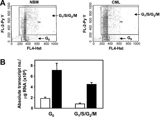 Figure 6. Increased expression of AHI-1 in quiescent versus cycling CD34+ CML cells. (A) Representative examples of Hst and Py staining of viable (PI–) CD34+ cells from normal human BM (left) and from a CML sample (right). (B) Absolute AHI-1 transcript levels calculated as described in “Patients, materials, and methods” from real-time RT-PCR analyses of RNA isolated from G0 and G1/S/G2/M fractions of normal BM CD34+ cells (n = 3) and CD34+ cells from chronic-phase CML samples (n = 6). Values shown are the mean ± SEM.