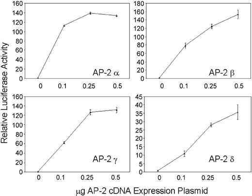 Figure 5. Forced expression of the hKCC1 gene promoter in HepG2 cells. A human KCC1 promoter/luciferase reporter plasmid was cotransfected with increasing amounts of AP-2 cDNA expression plasmids. Dose-dependent activation of the hKCC1 promoter was observed with all 4 AP-2-binding proteins. Error bars indicate SD.