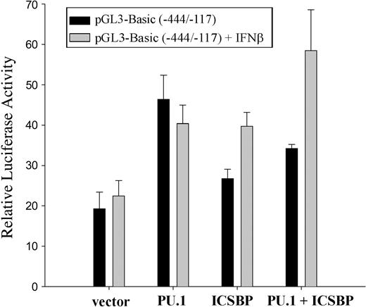 Figure 4. Ink4b promoter activity is positively regulated by PU.1 and ICSBP and can be further increased by addition of IFNβ. M1 cells, cultivated in the presence or absence of IFNβ, were transiently cotransfected with the -444/-117 bp promoter construct as well as expression plasmids for PU.1 and/or ICSBP or the corresponding empty vector and analyzed for promoter activity. Shown are relative values normalized for Renilla luciferase activity. Error bars depict standard error.