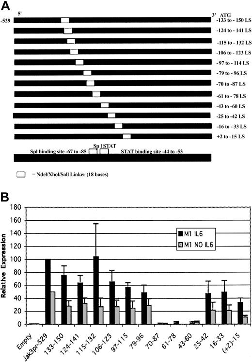 Figure 5. Linker-scanning mutagenesis reveals that sequences between positions -43 to -87 are required for activity of the Jak3 promoter in M1 cells. (A) Shown is a representation of the linker scanning mutants of the Jak3 promoter that was used for luciferase assays. All linker scanning mutants shown above use the Jak3pr -529 construct as a template. The linker scanning mutants span the region between +2 and -150. (B) Linker scanning mutants of the Jak3 promoter and the strongly activating -529 5′ deletion construct were transiently transfected into either unstimulated M1 cells or M1 cells stimulated with IL-6. Following a 20-hour incubation period, cells were lysed and analyzed for luciferase activity. Relative expression refers to the fold increase in luciferase activity over vector alone. Values expressed are the average of 3 independent experiments plus or minus one standard deviation. For M1 cells stimulated with IL-6, the value for the -529 construct was close to 100-fold over empty vector, so this value was normalized to 100 and all other values were expressed as a percentage of the -529 value. For unstimulated M1 cells, the value for the -529 construct was close to 50-fold over empty vector, so this value was normalized to 50 and again all other values were expressed as a percentage of the -529 value.